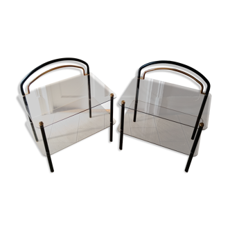 Paire de tables d'appoint, chevets en verre fumé, 1980