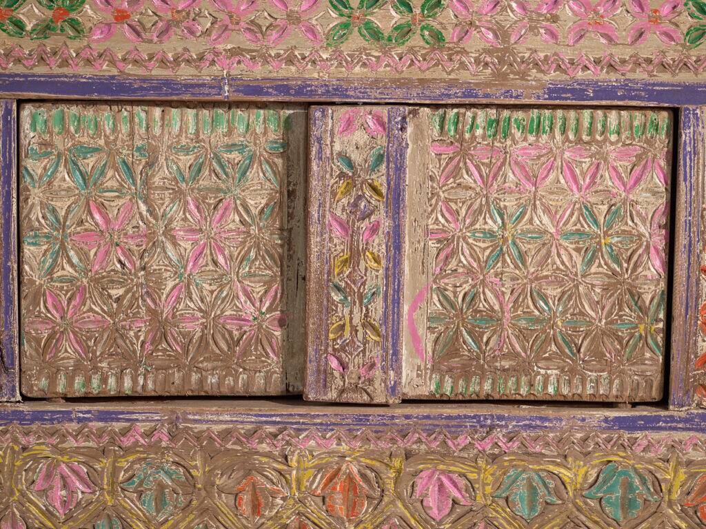 Antique polychrome carved low cabinet in pine – Xinjiang, circa 1900