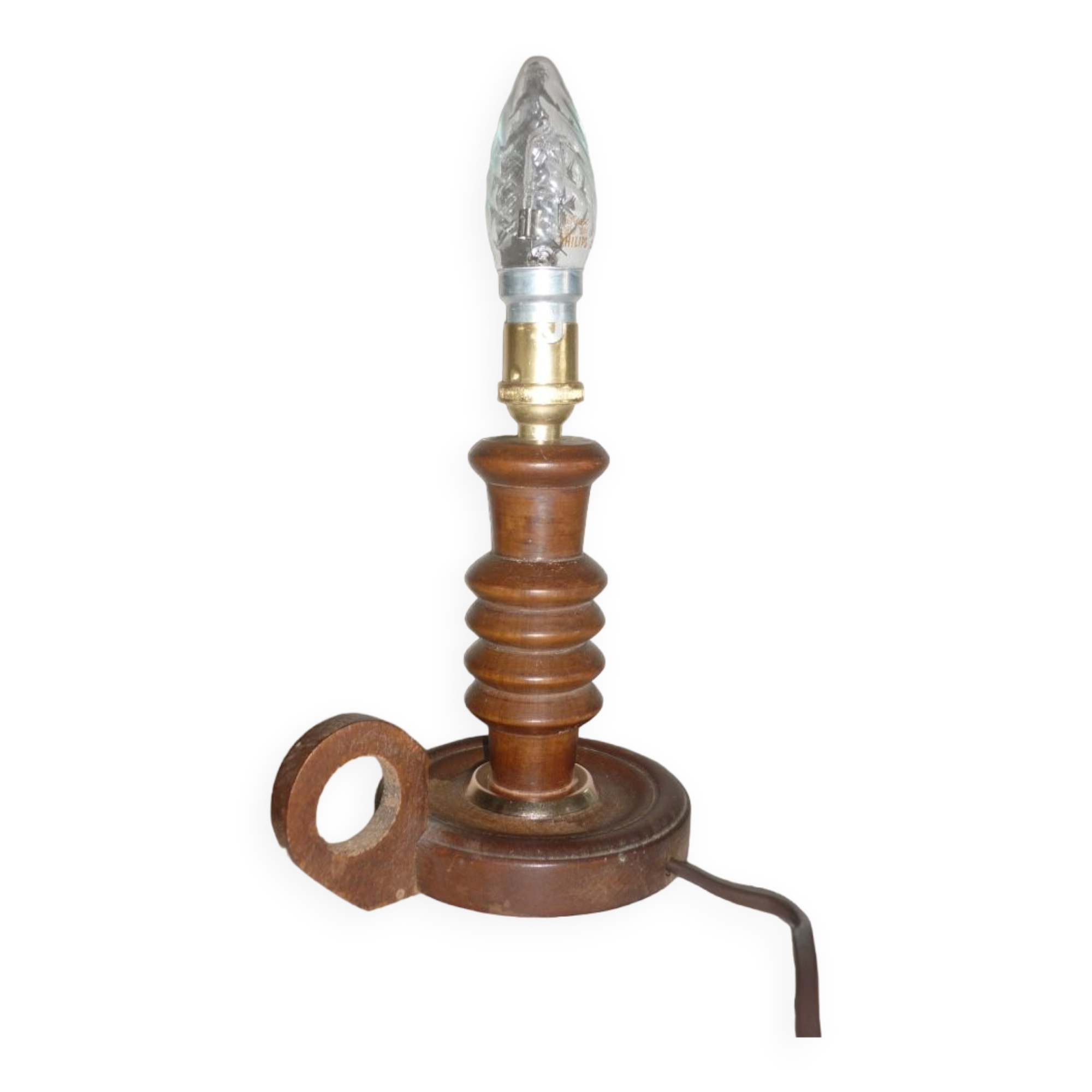 Lamp foot shape wooden candlestick turned old