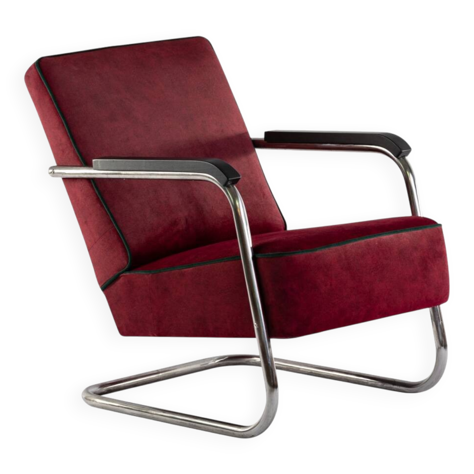 1930s Bauhaus cantilever armchair, upholstered in purple-red
