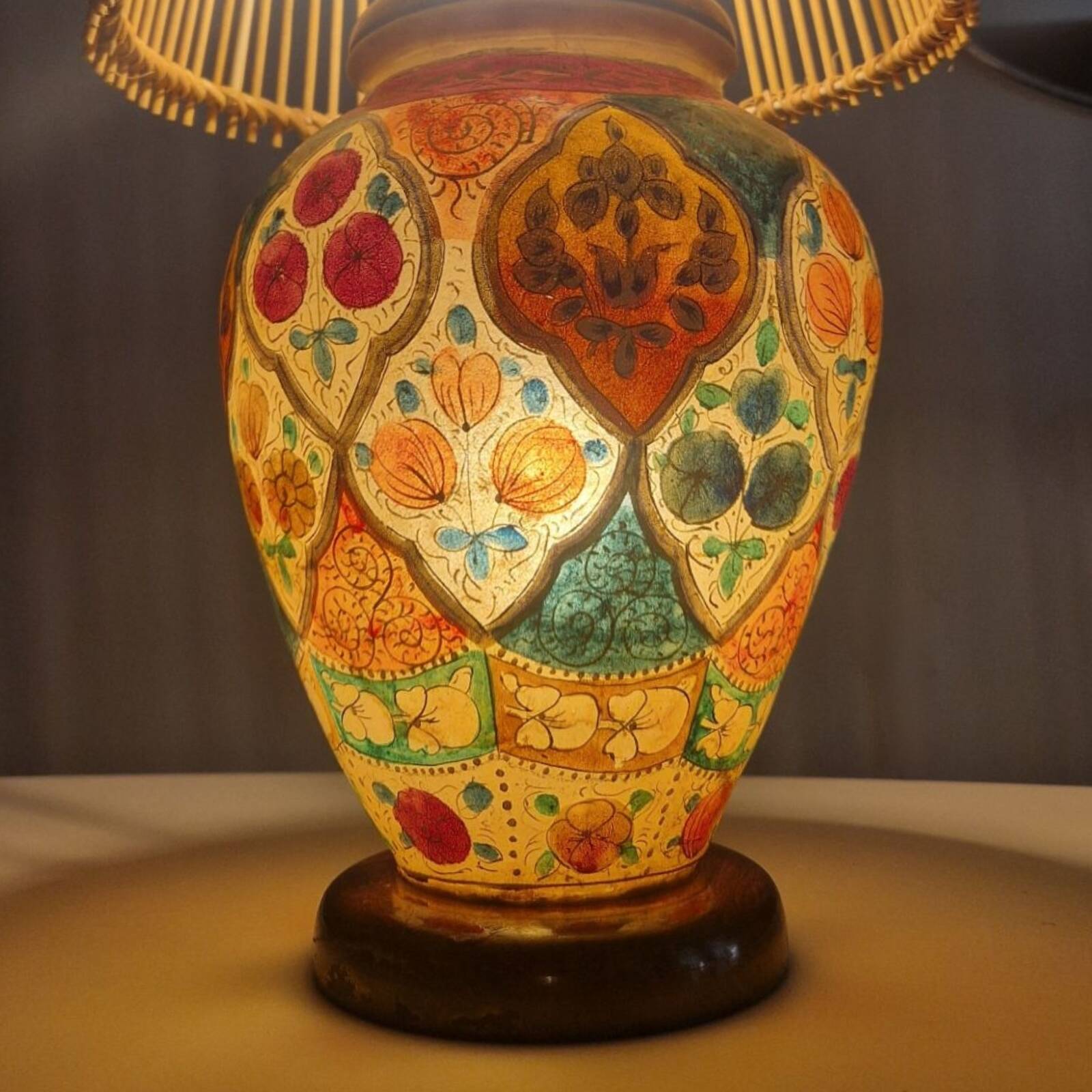 Oriental leather hand painted table lamp, Middle East 1960s
