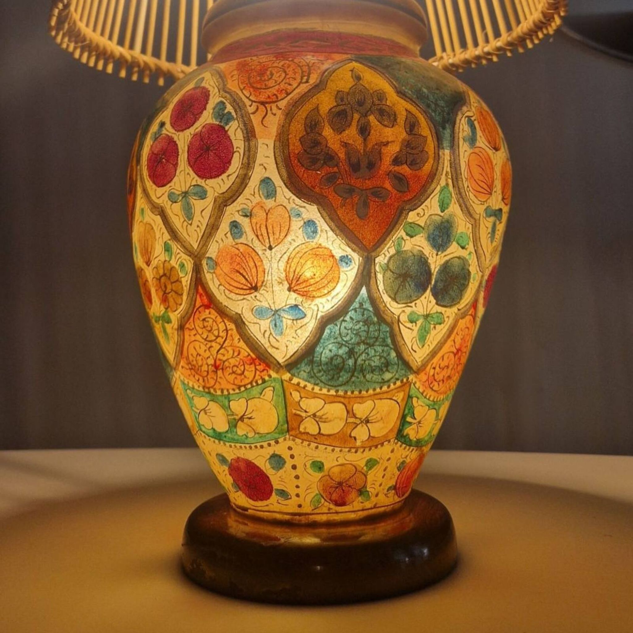 Oriental leather hand painted table lamp, Middle East 1960s