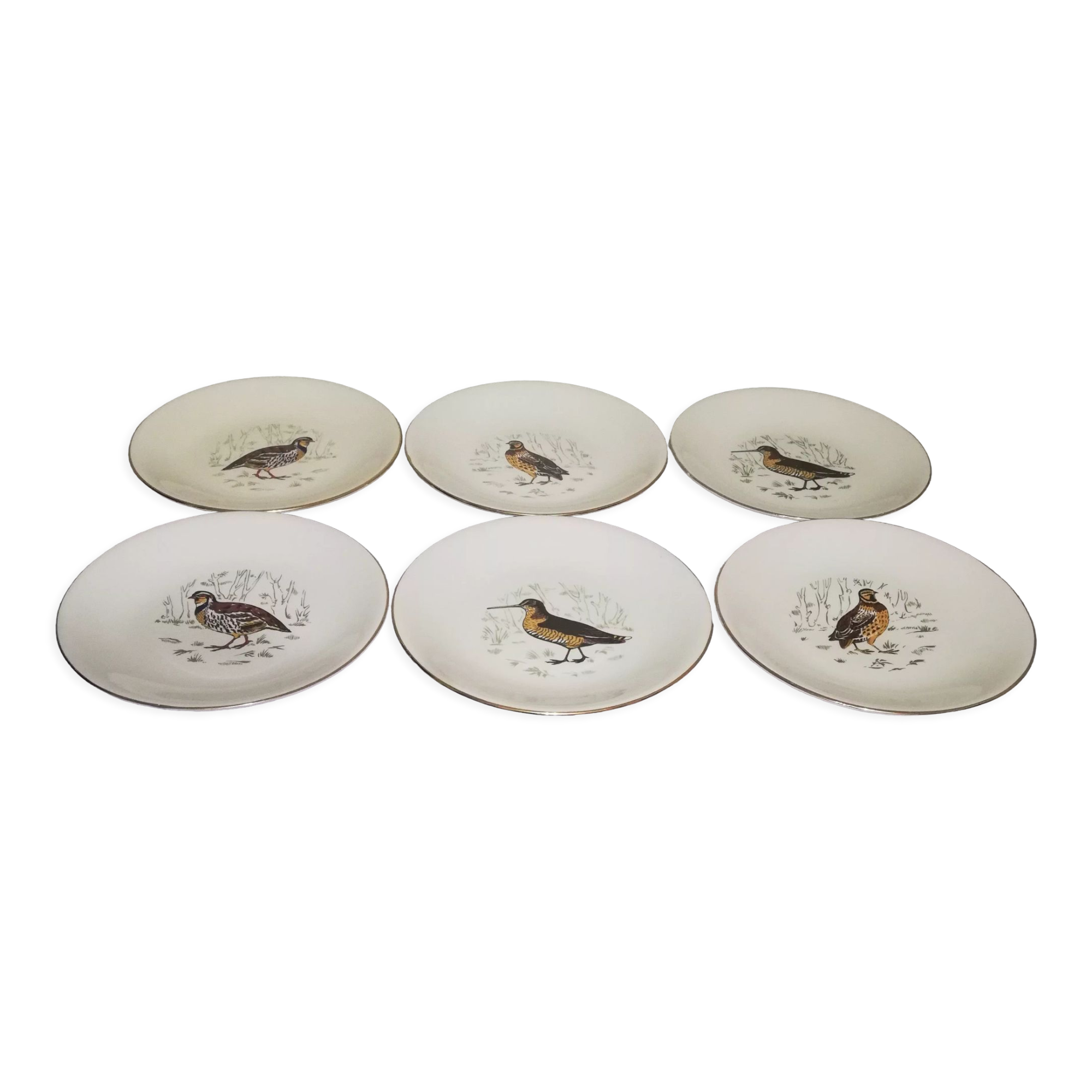 6 flat plates Gien Marly "birds of the forests"
