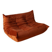 Togo two-seater sofa in amber orange velvet by Michel Ducaroy for Ligne Roset, 1973