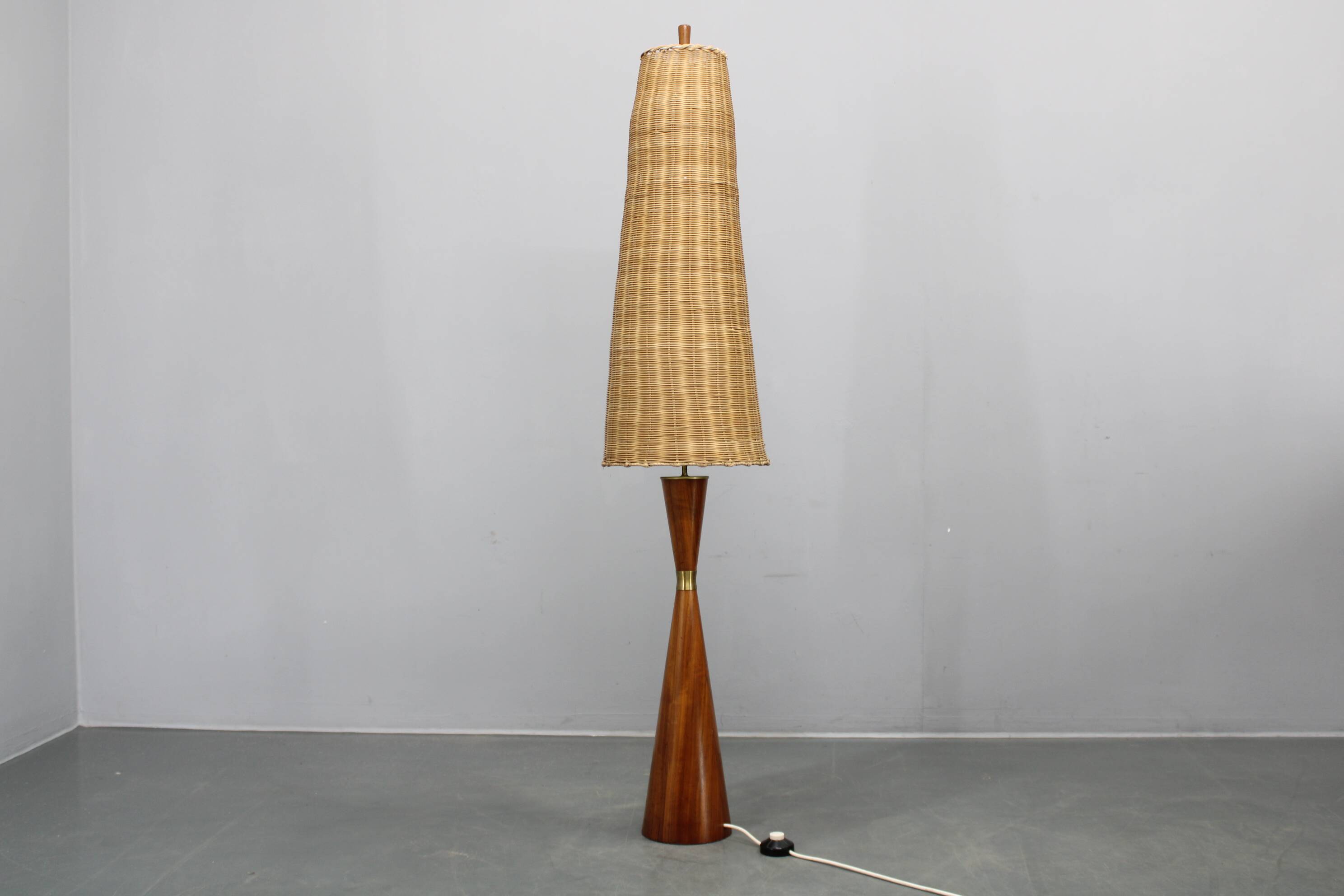 1960s Parker Knoll wooden table lamp with wicker shade, Britain