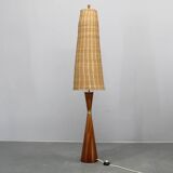 1960s Parker Knoll wooden table lamp with wicker shade, Britain