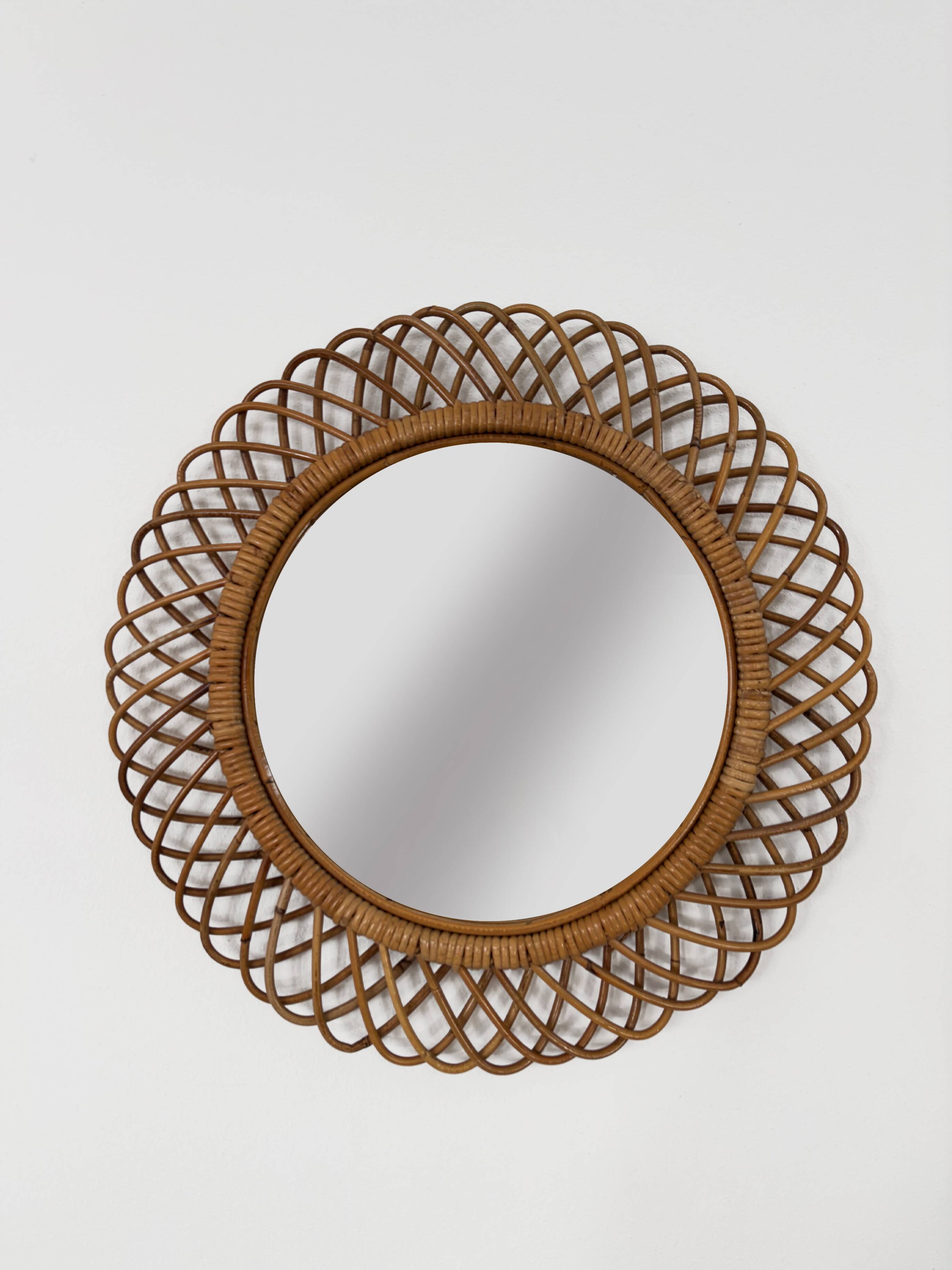 Italian Circle Rattan Bamboo Wall Mirror, 1960s