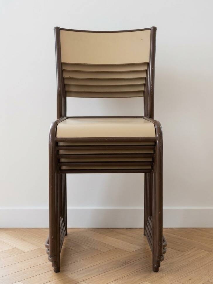 Set of 8 vintage industrial style chairs in metal and wood.