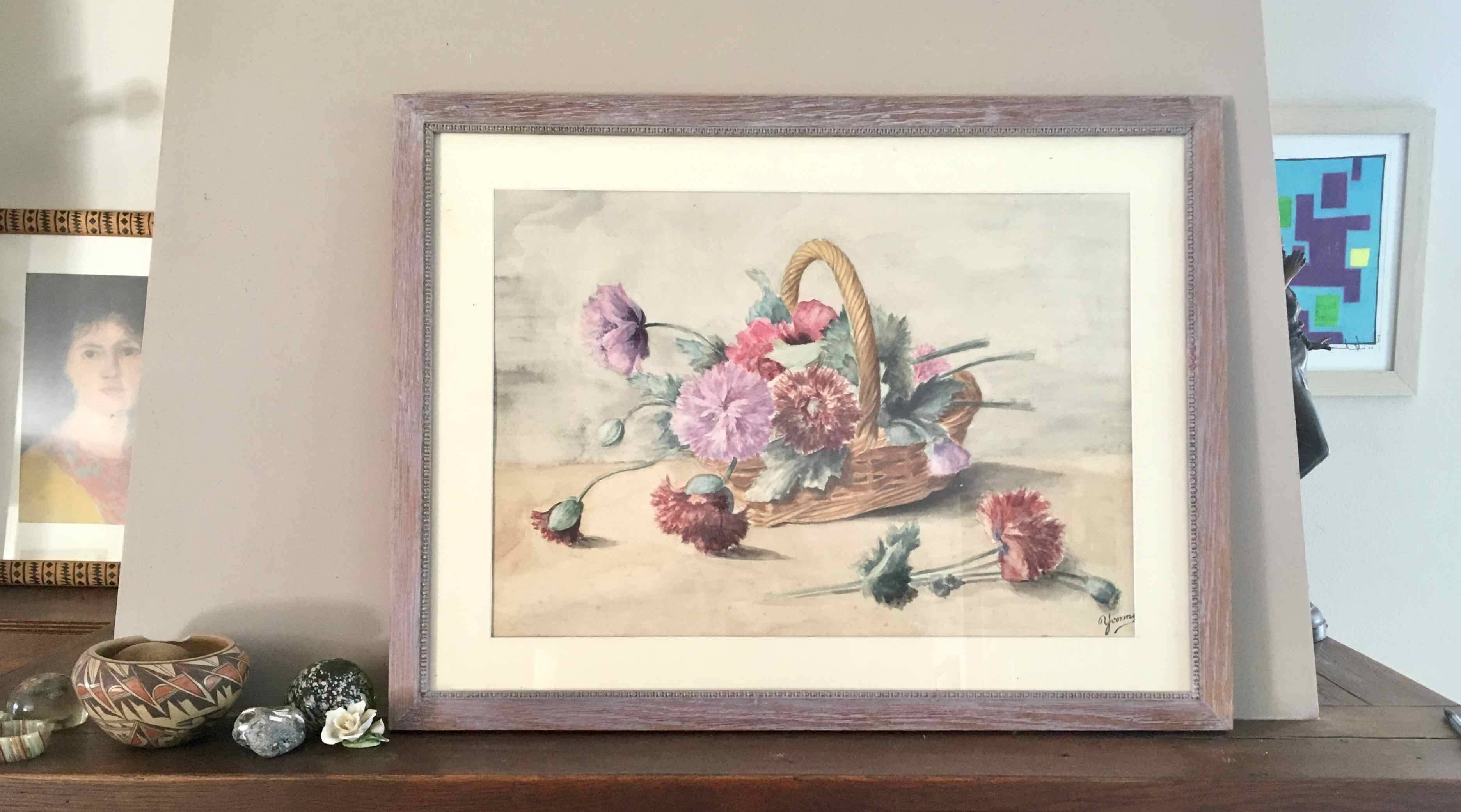 Watercolor painting basket of peonies