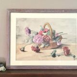 Watercolor painting basket of peonies
