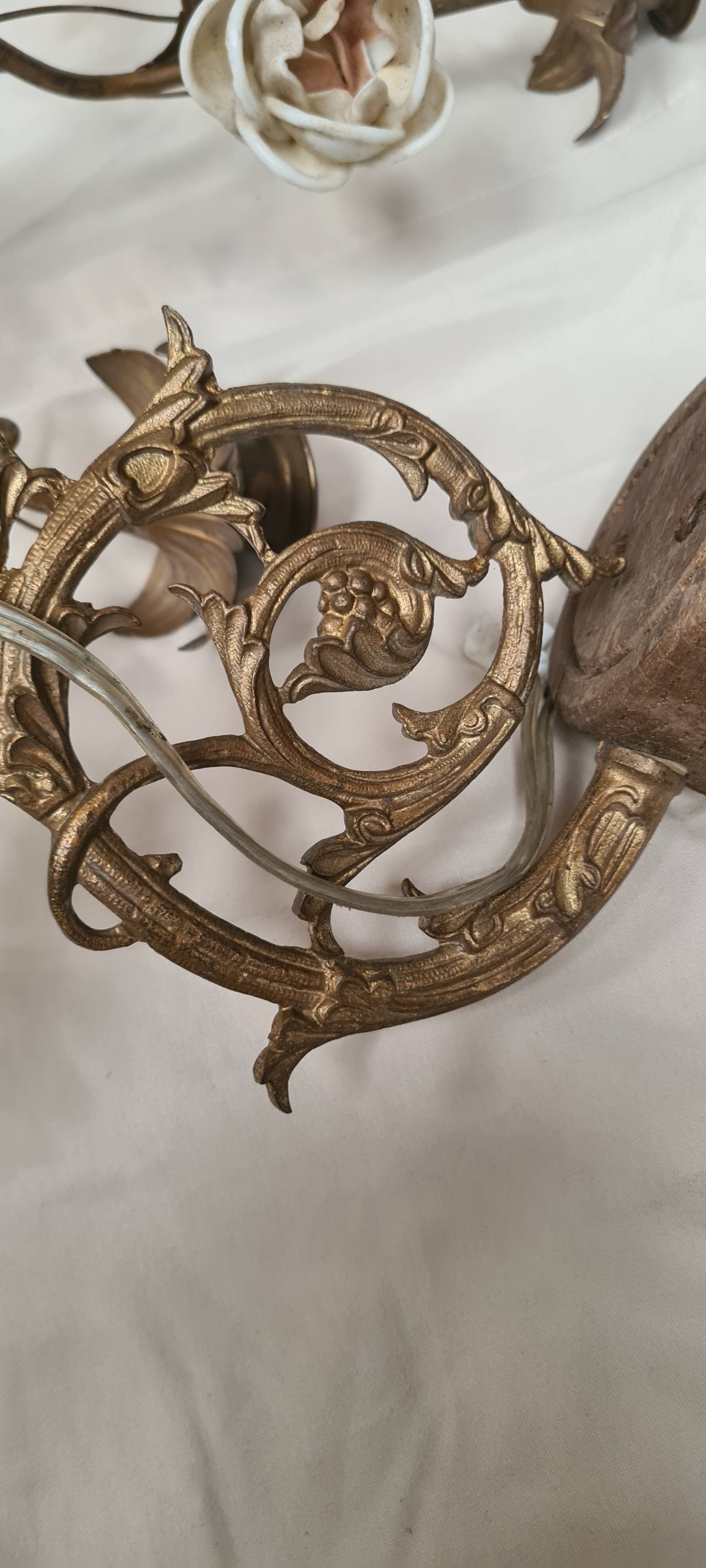 pair of wall lights brass bronze 1900 to 30 pink porcelain 45x28