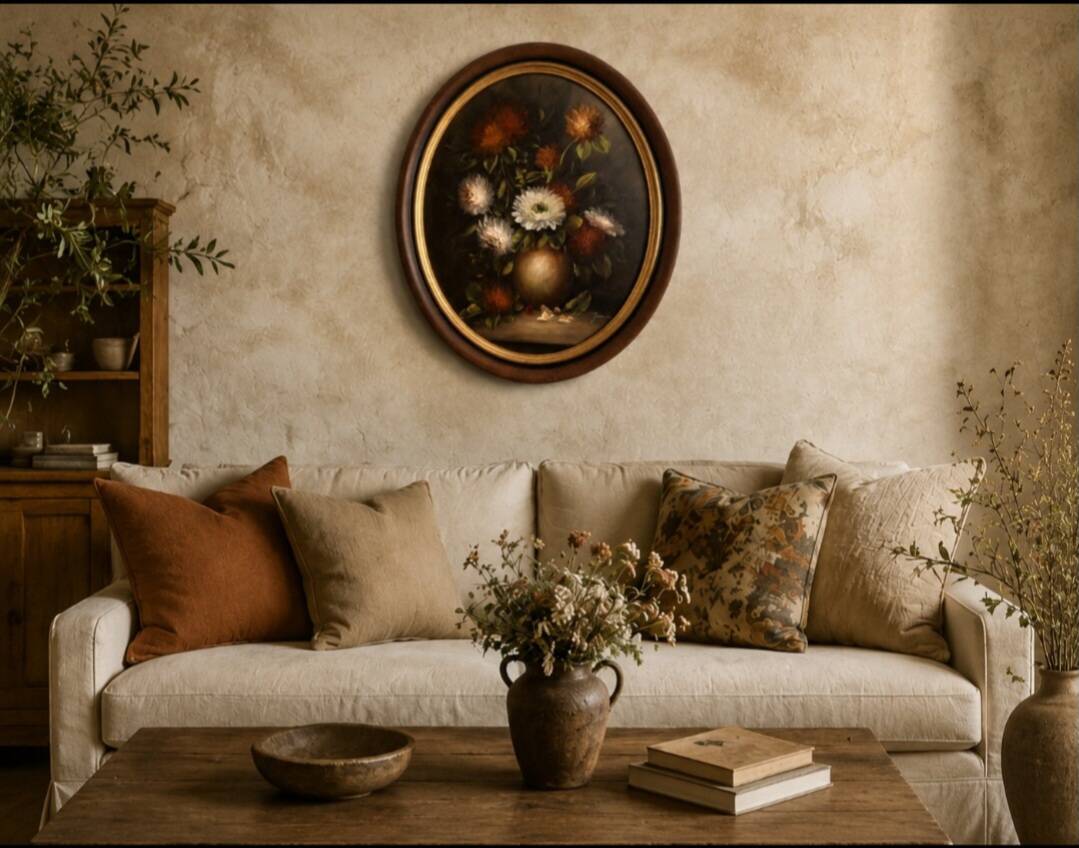 Vintage Oval Grand Tableau – Oil on Canvas signed JONATHAN