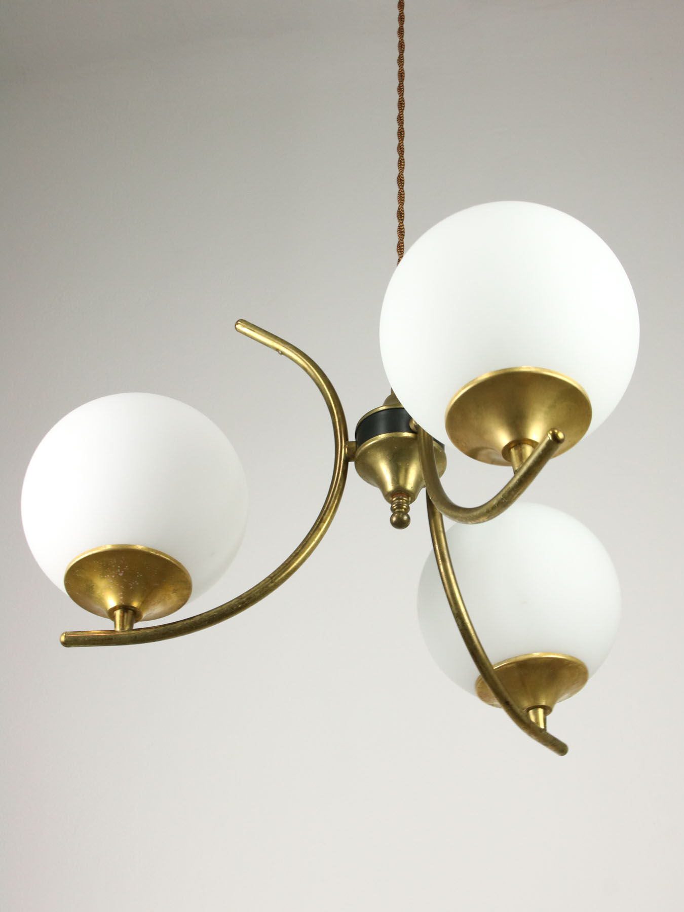 Mid century italian brass and opaline chandelier
