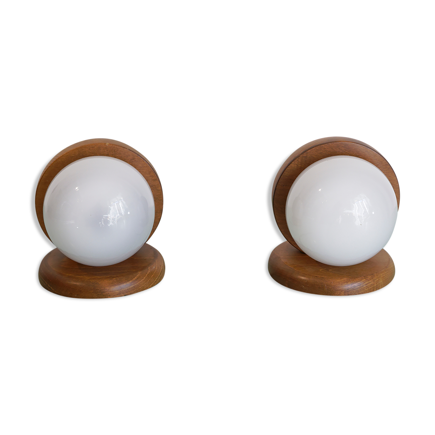 Pair of wood and opal sphere wall lamps