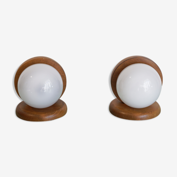 Pair of wood and opal sphere wall lamps