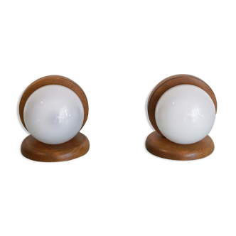 Pair of wood and opal sphere wall lamps