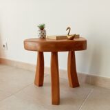 Vintage tripod brutalist side table in solid oak