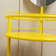 Yellow metal side table with swiveling oval mirror and two tray shelves, vintage 1960s Italy