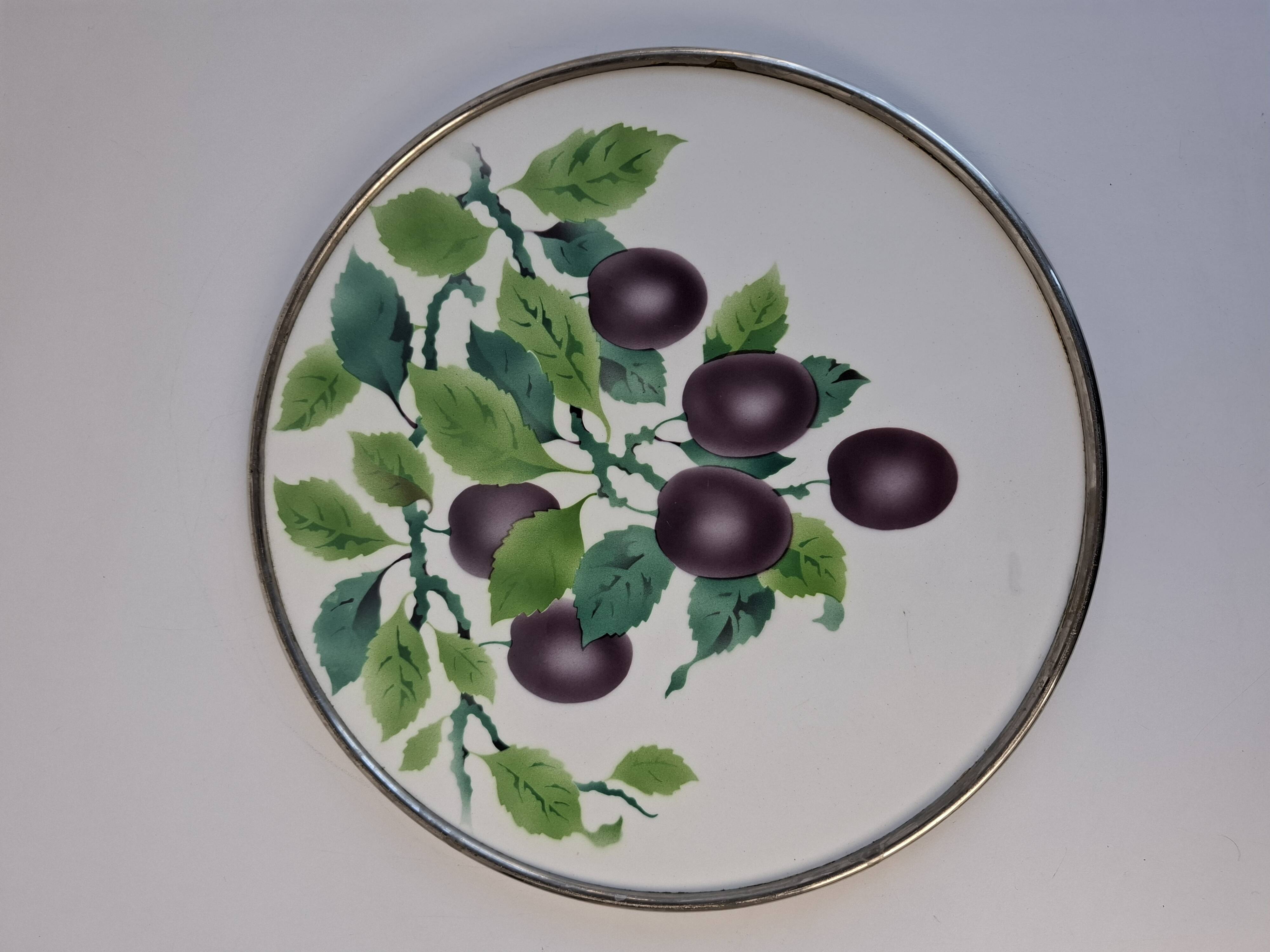 Czechoslovak Art Deco Porcelain Tray with Plum Motif and Metal Rim, 1930s