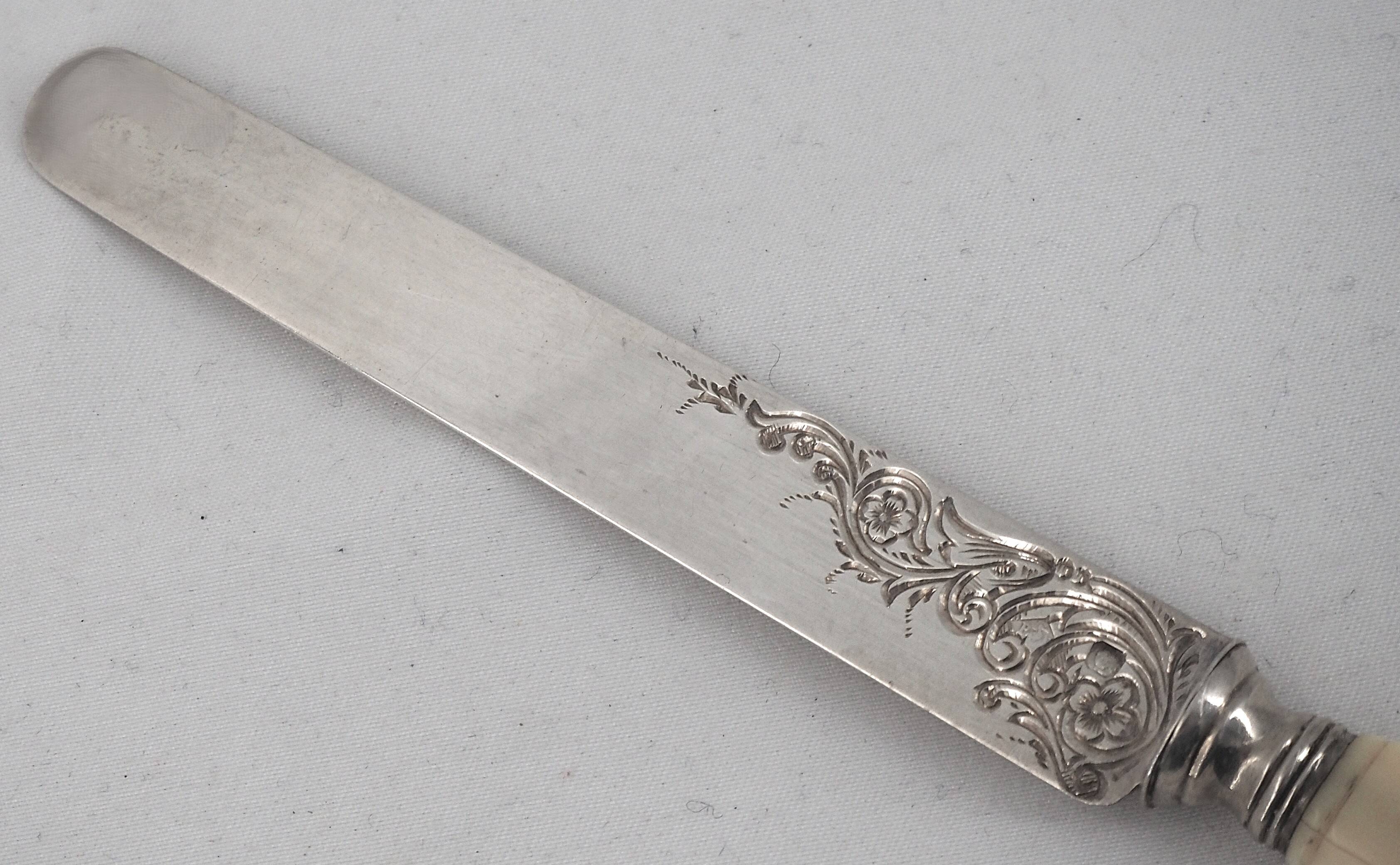 12 fruit knives, dessert knives, serving knives, engraved silver blades.