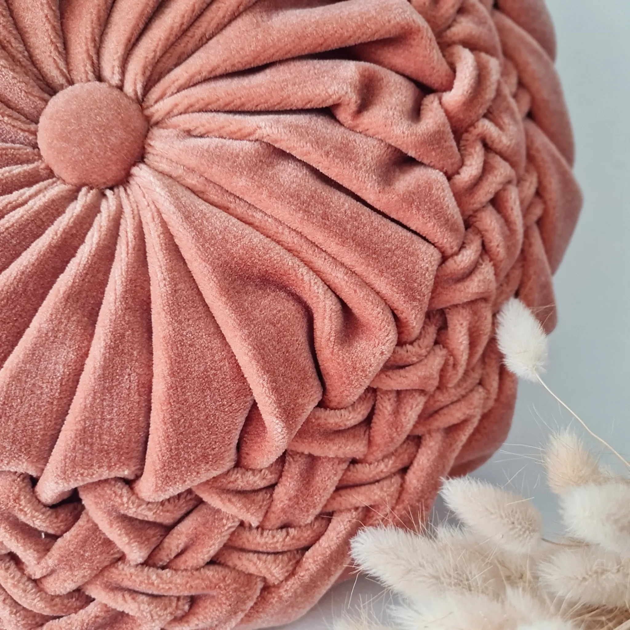 Coussin Rond plissé Vintage en Velours Rose