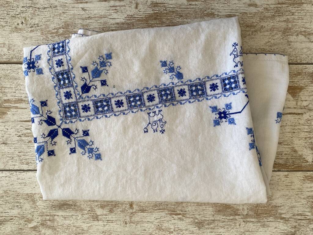 Old tablecloth with English embroidery and cross-stitch - Linen - 160x120 cm