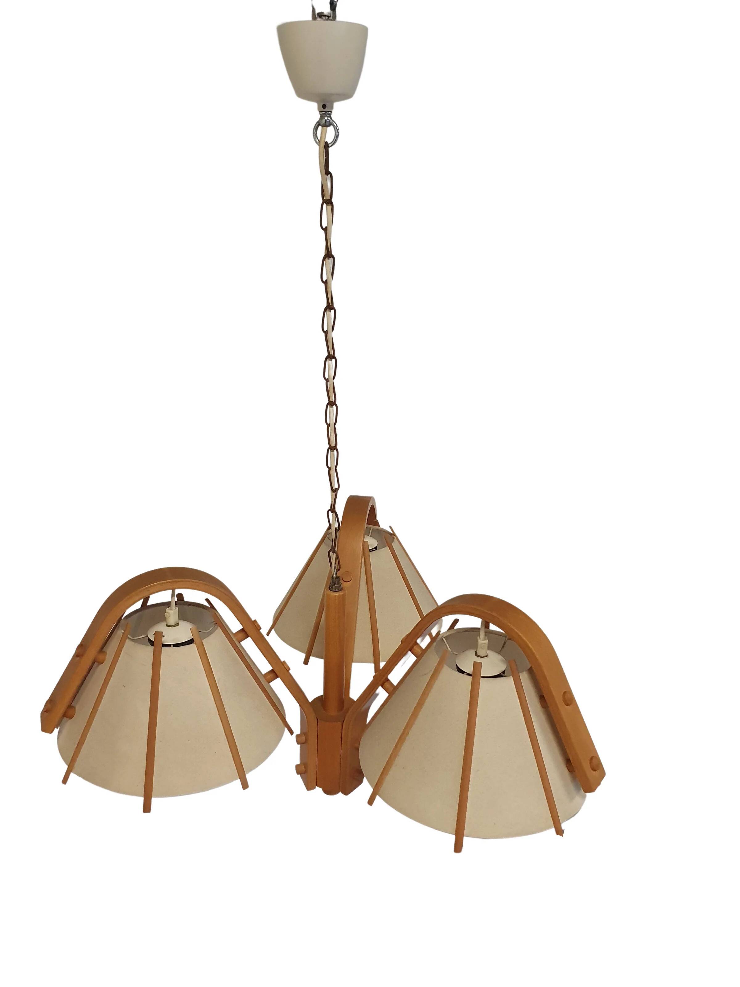 A rare bent beech and fabric three-branch ceiling pendant light by J Wickelgren and M Strandang for Aneta, Sweden, 1970s