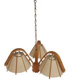 A rare bent beech and fabric three-branch ceiling pendant light by J Wickelgren and M Strandang for Aneta, Sweden, 1970s
