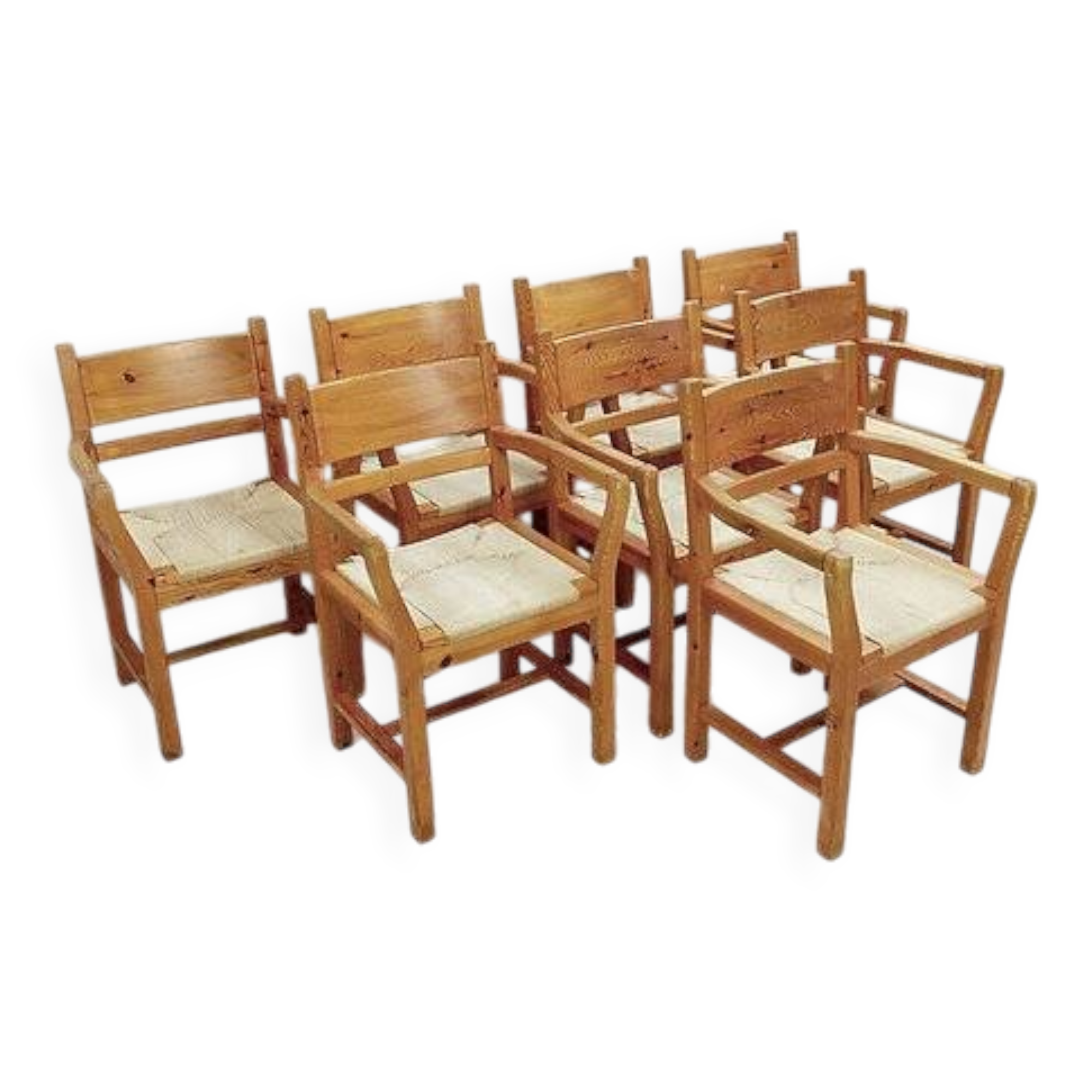 Set of eight pine dining danish chairs with Rope Seat 1980'