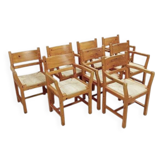 Set of eight pine dining danish chairs with Rope Seat 1980'