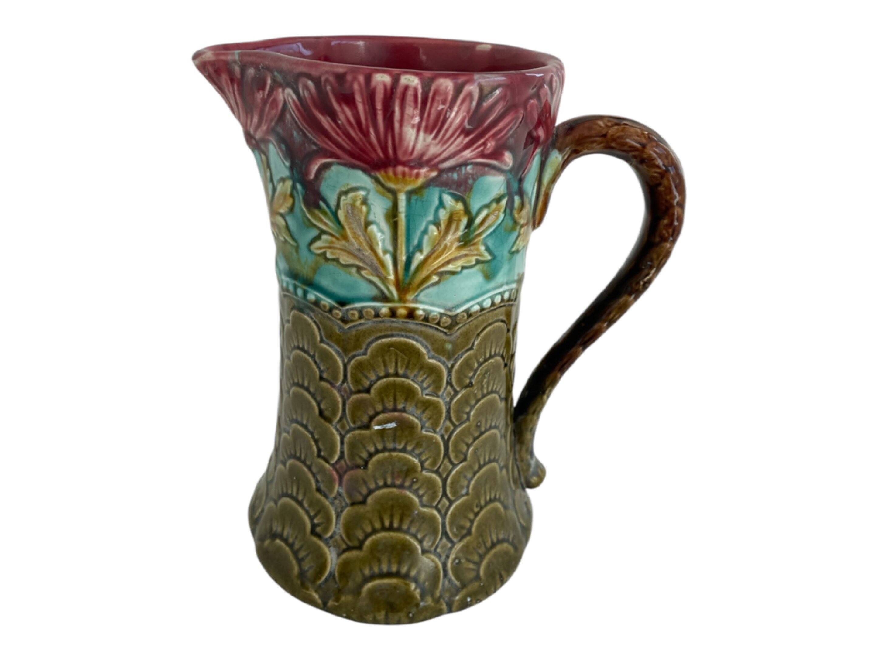 Slip pitcher, Orchies, jug, majolica, earthenware, floral decoration