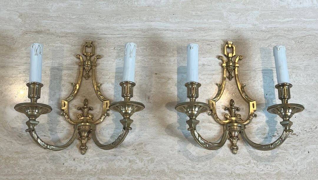 Pair of Bronze Wall Lights in Louis XVI Style by Lucien Gau