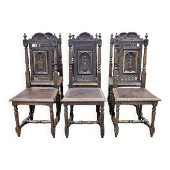 Series of 6 Breton chairs from the early 20th century, in oak and leather seats