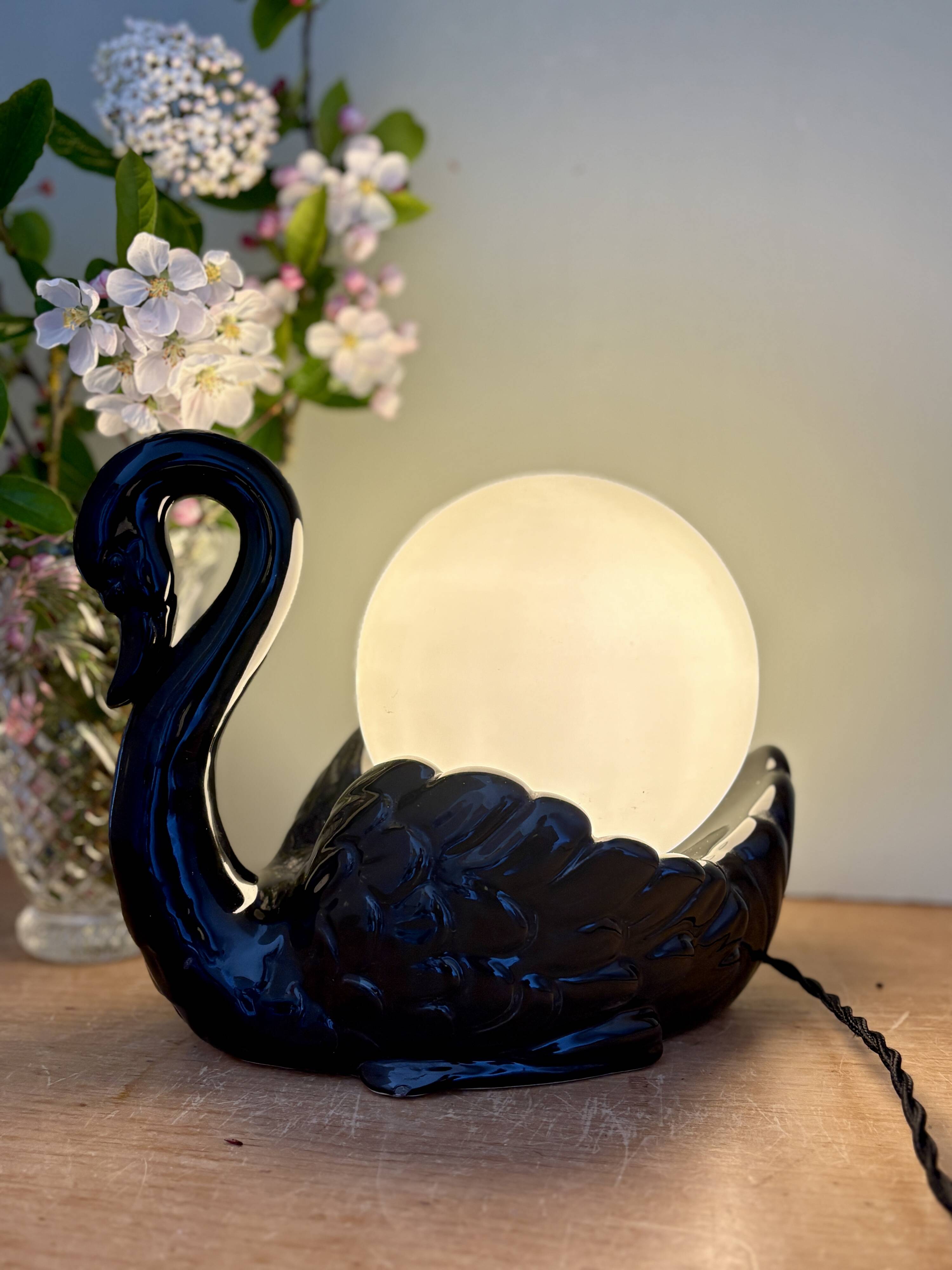 Vintage lamp, black ceramic swan and white opaline globe