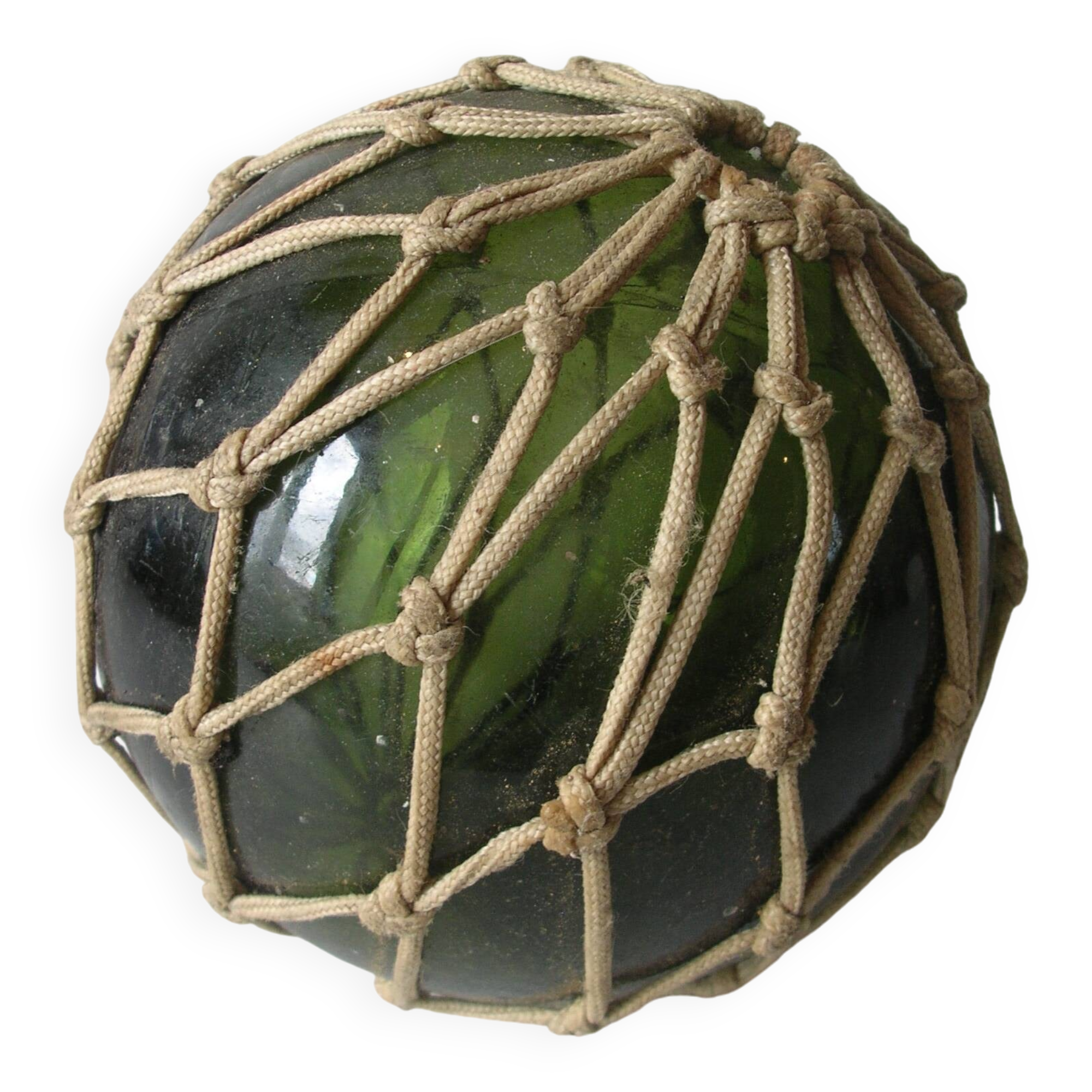 Ancienne Boule Flotteur Pêche – Verre Vert – Avec Filet Corde – Déco Marine