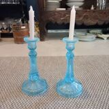 Pair blue glass candle holders.type Art Deco