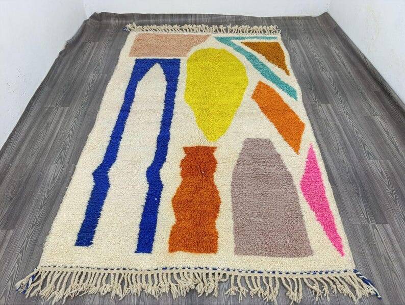 Blessed Moroccan Ourain rug, handwoven with colourful patterns, 150/250 cm.