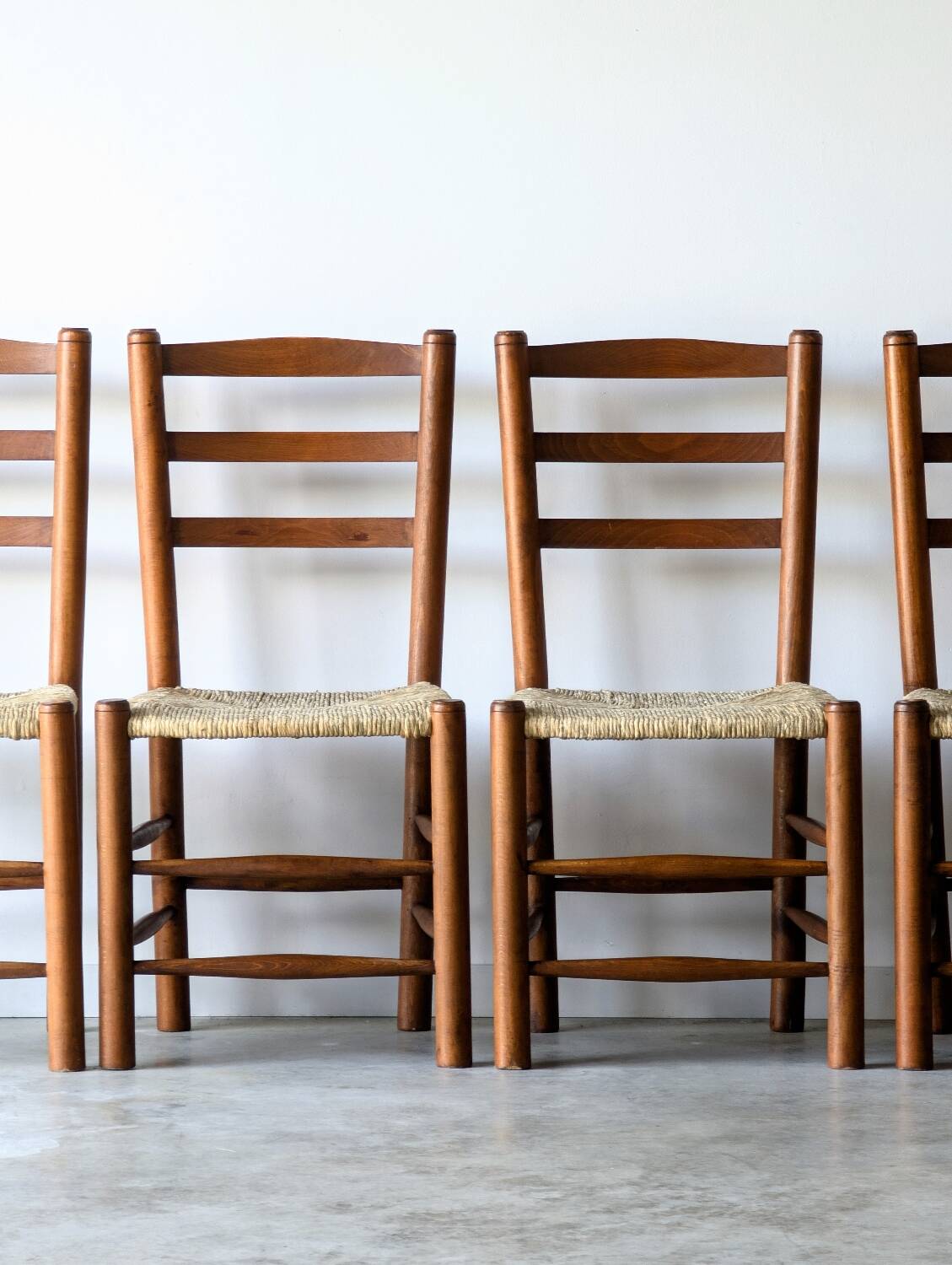 4 vintage brutalist chairs, wood & rope, Sentou / Perriand, 1960