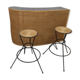 Vintage wicker bar and its two stools