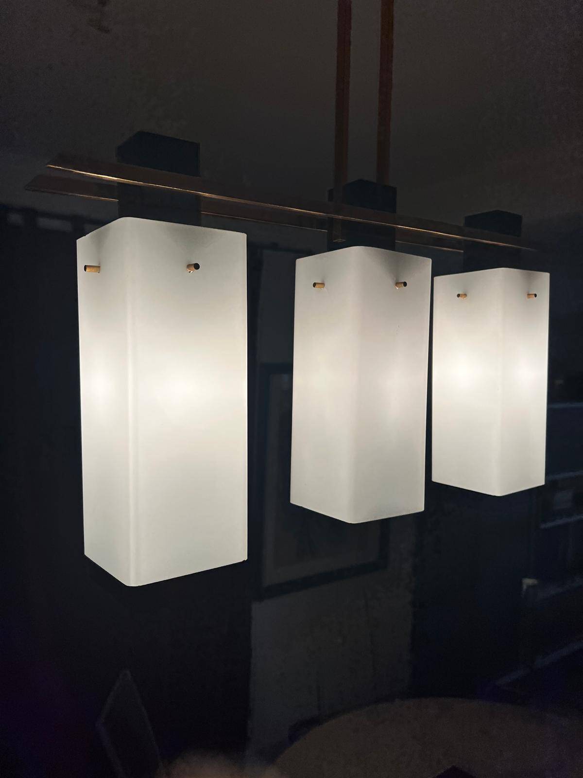3-light ceiling light, in opaline and brass Maison Arlus 1950