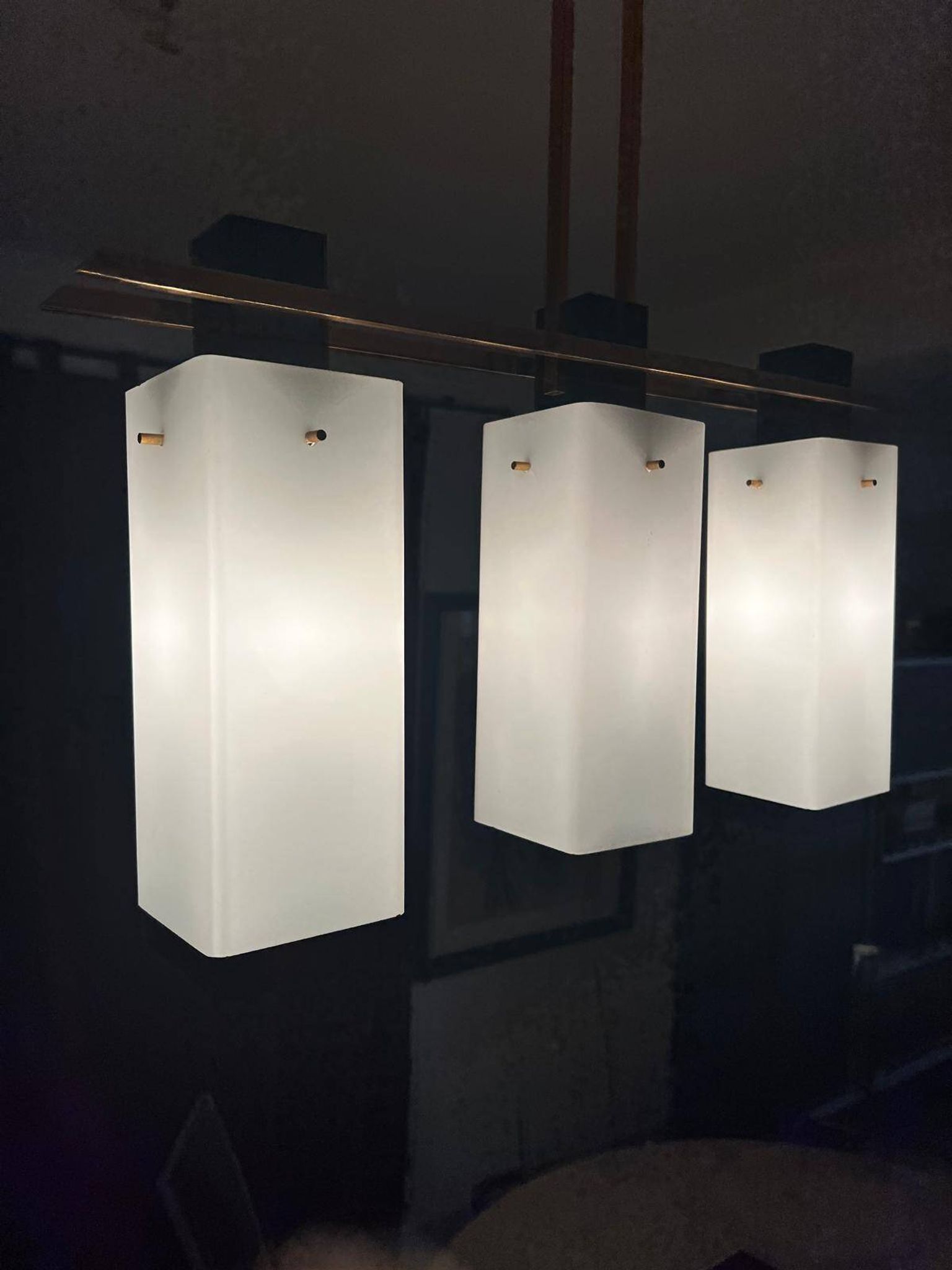 3-light ceiling light, in opaline and brass Maison Arlus 1950
