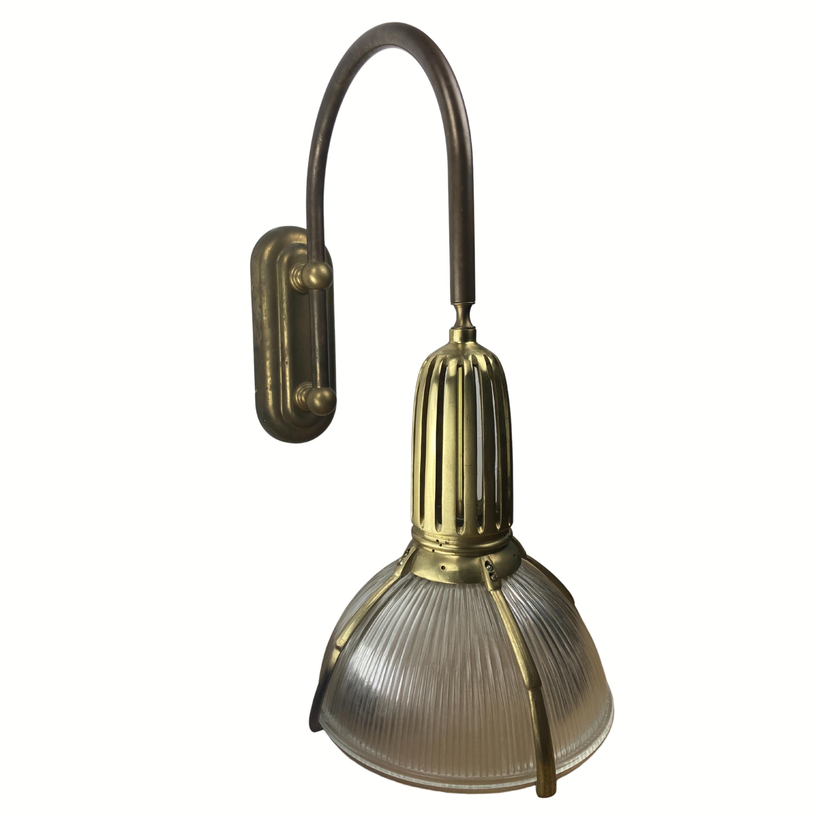 Art deco holophane cut glass and brass wall lamps, 1970