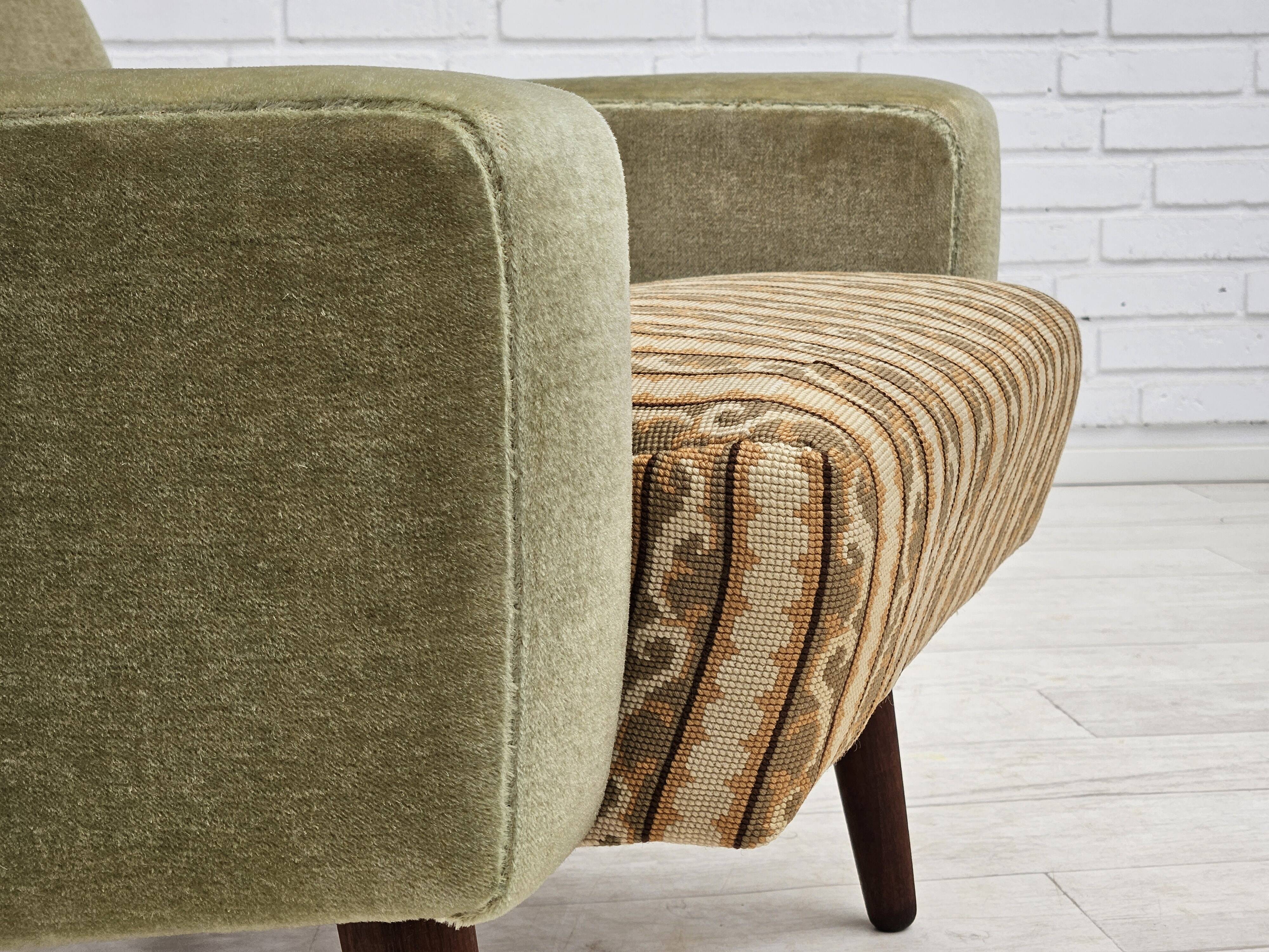 1970s, Danish armchair, original condition, furniture velour, woven wool fabric, teakwood.