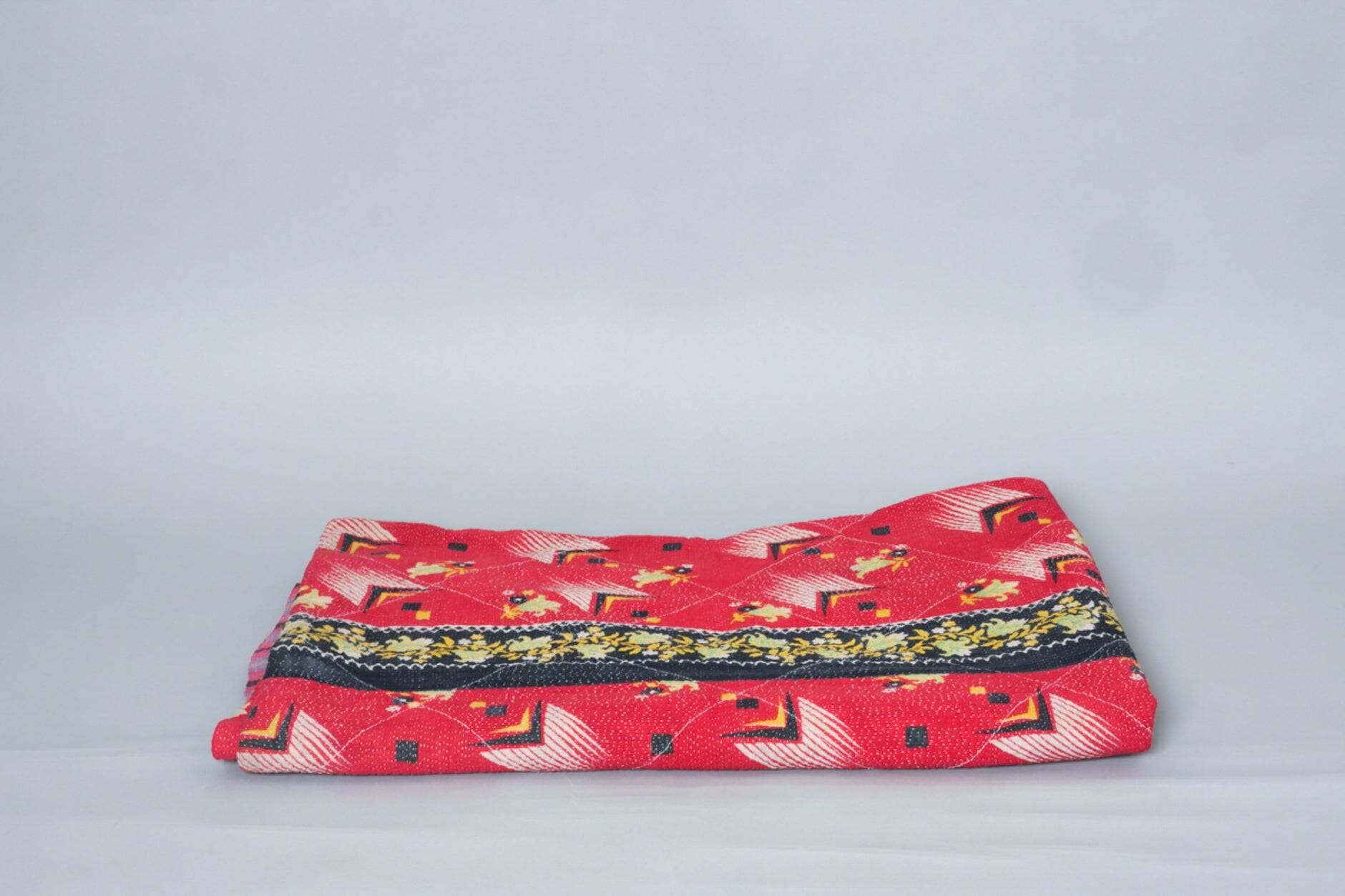 Kantha sari couvre-lit, Tartan coton recyclé brodé à la main