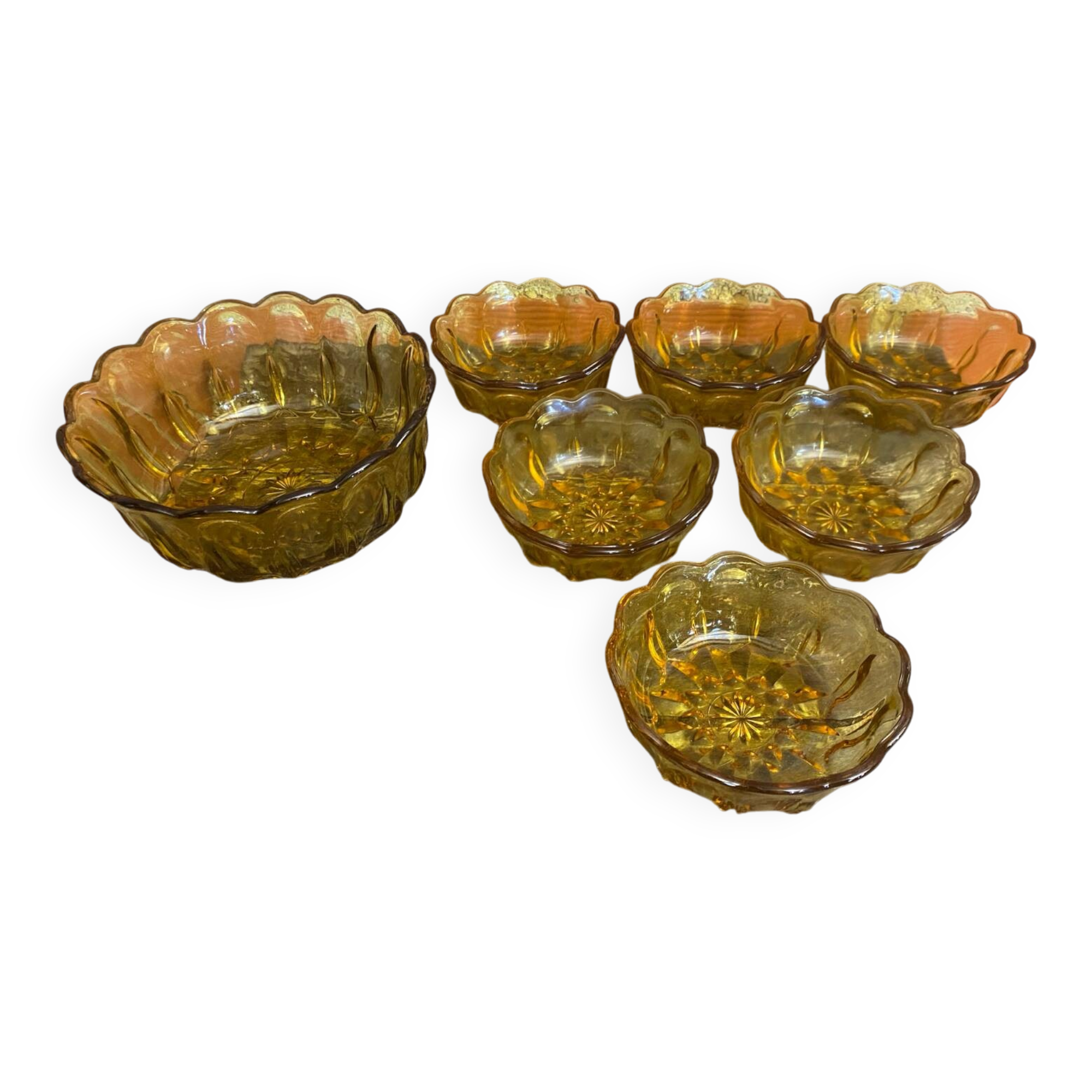 Salad bowl + 6 vintage amber orange moulded glass bowls from the 1970s.