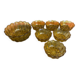 Salad bowl + 6 vintage amber orange moulded glass bowls from the 1970s.