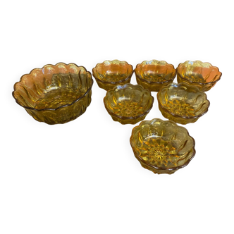 Salad bowl + 6 vintage amber orange moulded glass bowls from the 1970s.