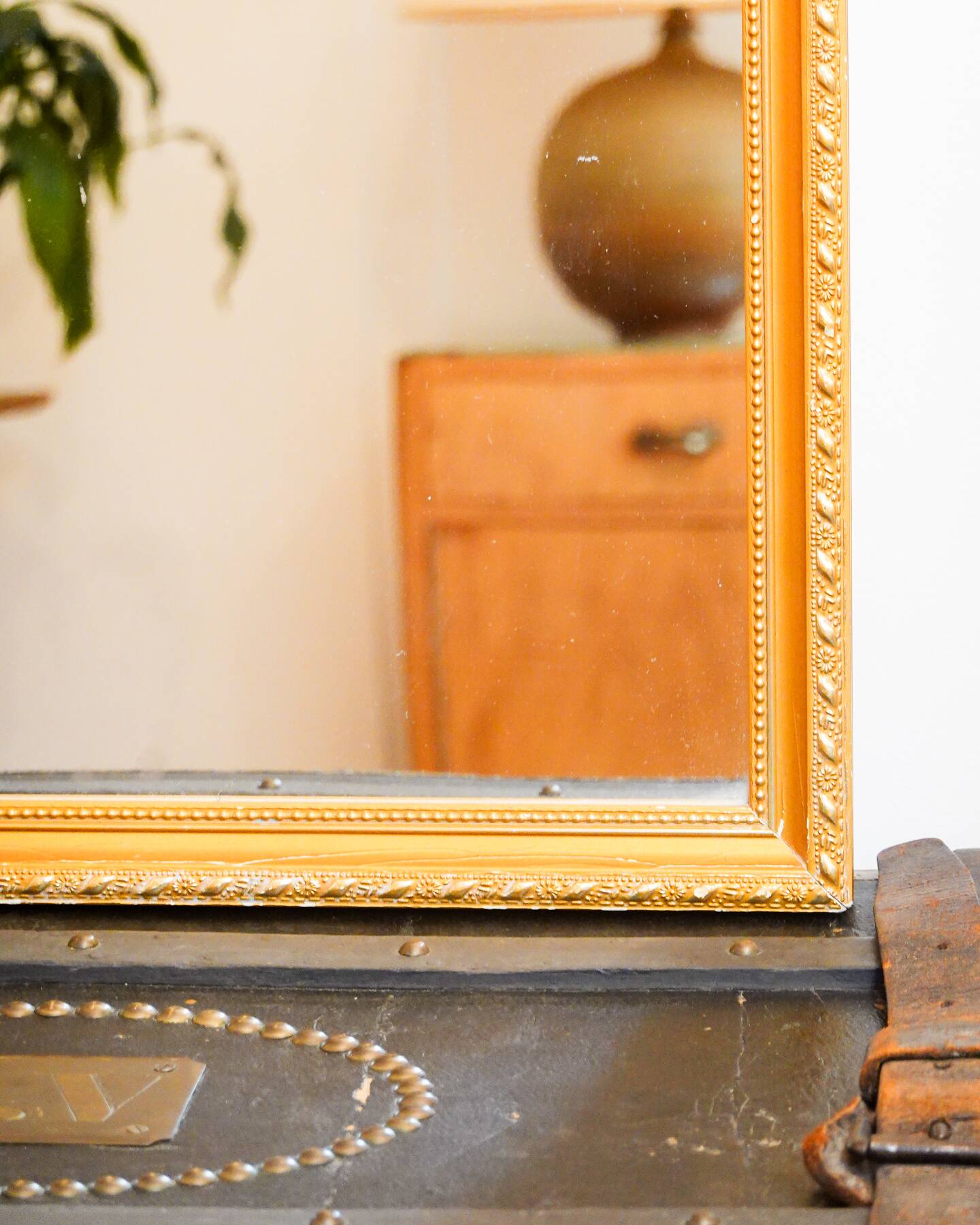 Vintage rectangular gilt mirror, molded wooden frame with beads and fire