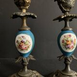 Pair of Napoleon III candlesticks in bronze and floral porcelain