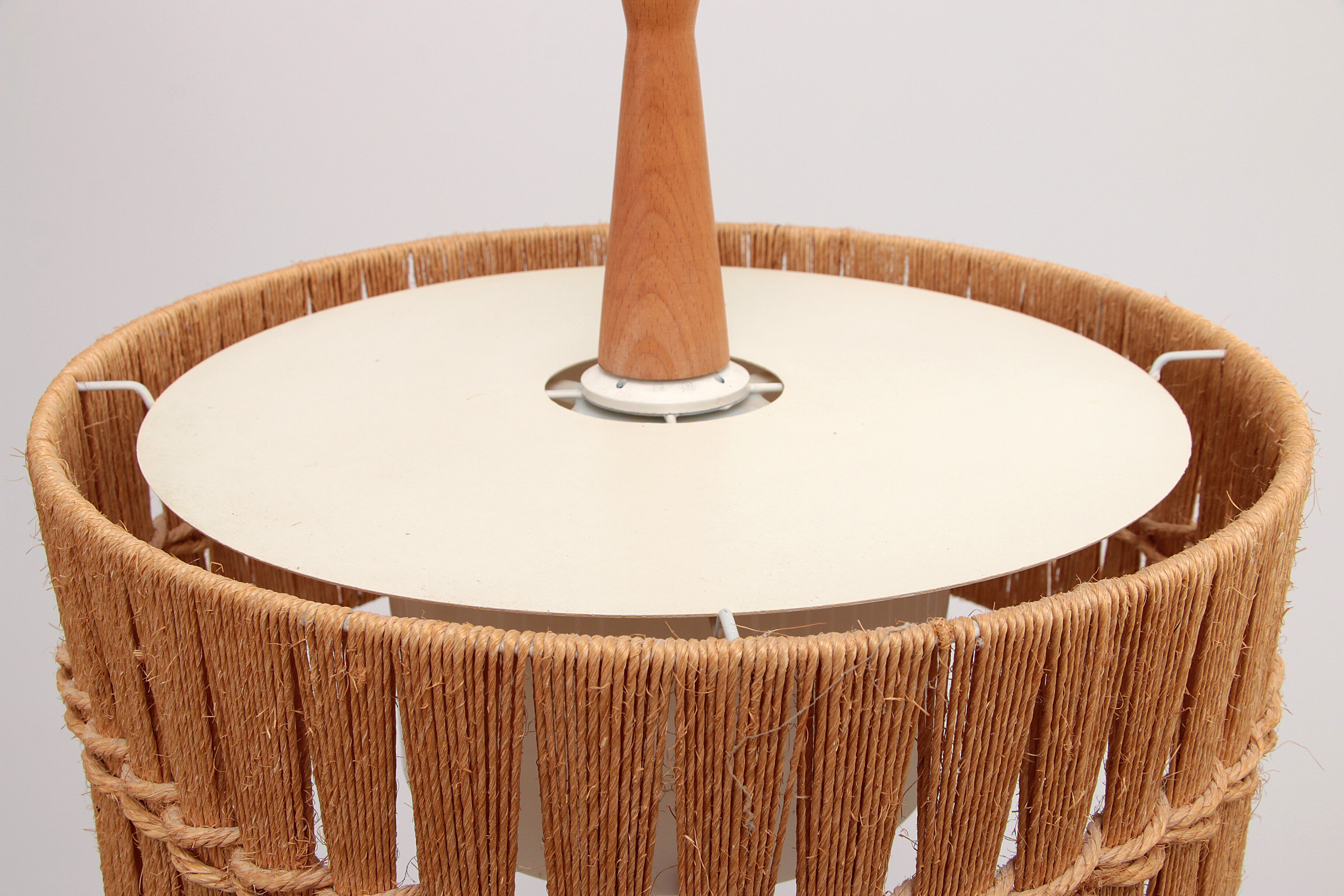 Vintage Temde Hanging Lamp with Teak and Raffia 1960s Germany.